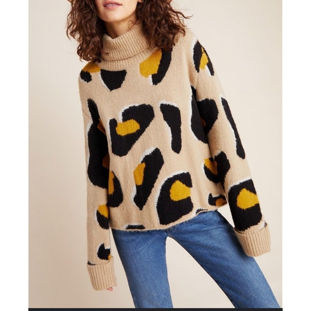 MOTH by ‎ anthropologie turtle neck Sweater Animal Print Yellow Black Beige Se